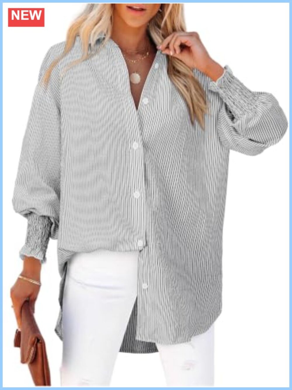 Women's Striped Button Down Shirt Long Sleeve Smocked Cuff Boyfriend Oversized